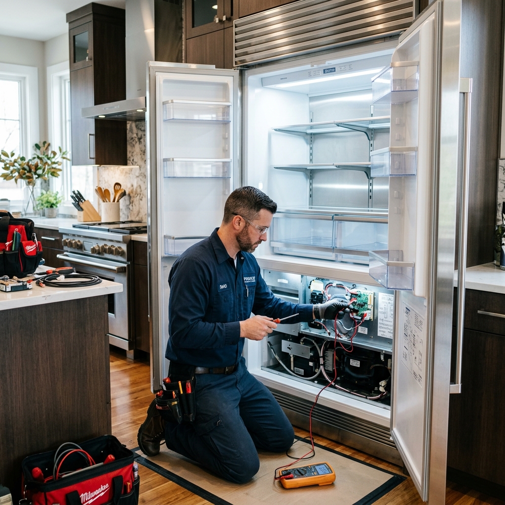PR UNIQUE technician repairing a refrigerator