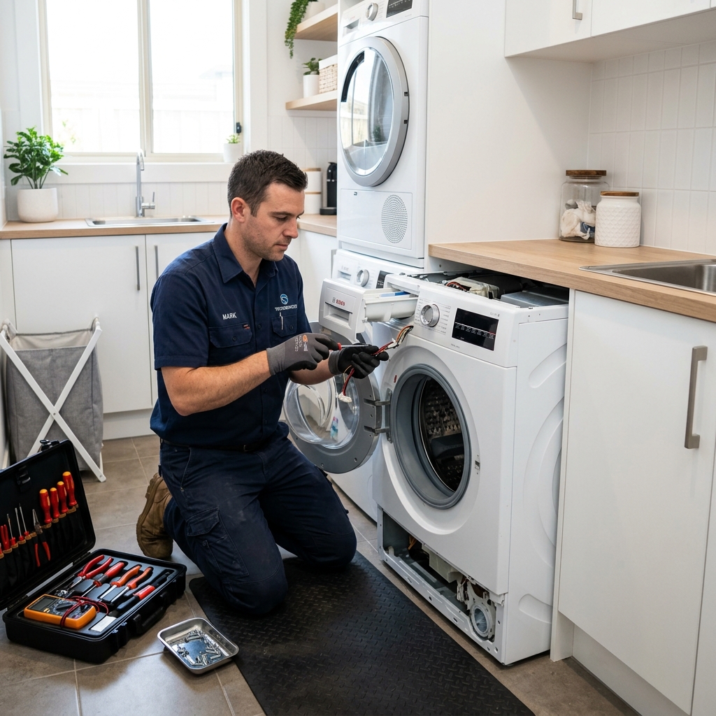 PR UNIQUE technician repairing a washing machine